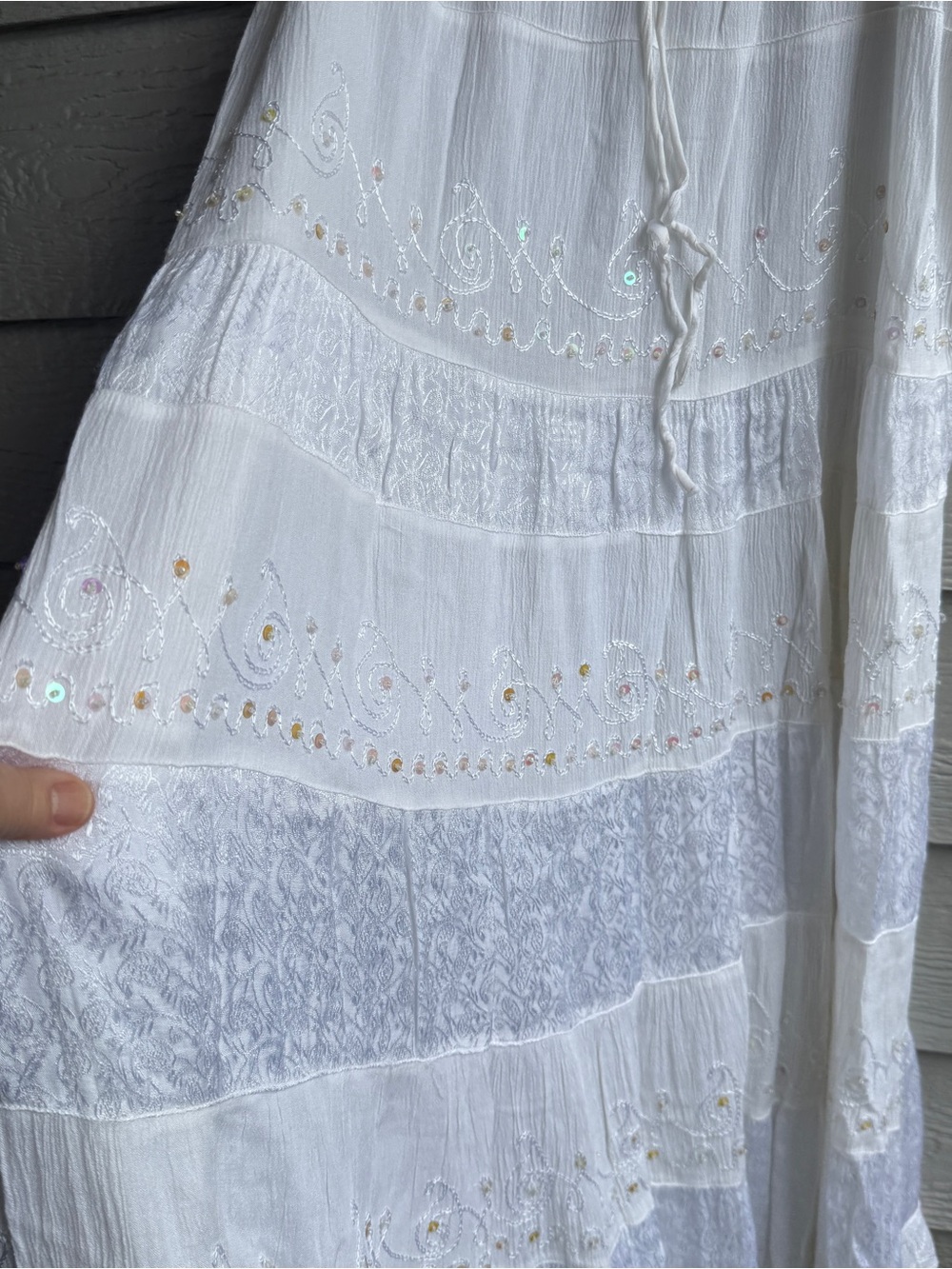 Double Decker White Boho Embroidered Tiered Maxi Skirt Free Size